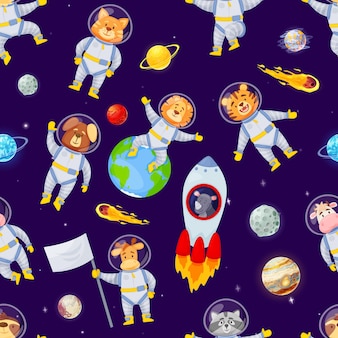Kreskówka astronauci zwierząt latający w przestrzeni z planet wzór. zwierzęta ładny astronauta, lenistwo, lew, lis, dziecinna tekstura wektor. postacie podróżujące w rakiecie wśród spadających komet