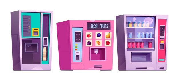 Kreskówka automat wektor ikona ilustracja Napoje gazowane i napoje kawowe sprzedające sprzęt automatyczny na białym tle Świeży sok owocowy z jagodami w filiżance obiekt gry clipart