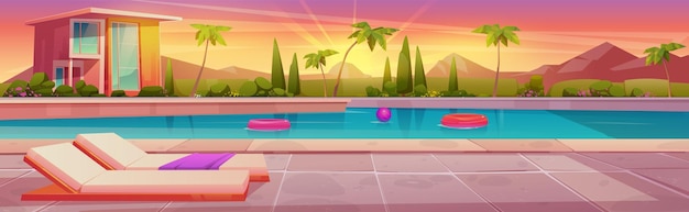 Bezpłatny wektor kreskówka basen w pobliżu willi o zachodzie słońca