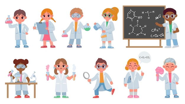 Kreskówka dzieci w szatach robią eksperyment chemiczny, dzieci naukowcy. studenci biologii robią kolokwium laboratoryjne. zestaw wektorów edukacji naukowej dla dzieci