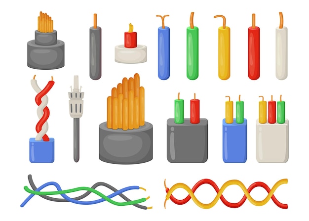 Bezpłatny wektor kreskówka kable elektryczne płaskie ilustracje zestaw