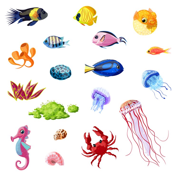 Bezpłatny plik Wektor kreskówka kolorowy zestaw sea life
