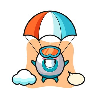 Kreskówka maskotka rakieta skacze ze spadochronem ze szczęśliwym gestem