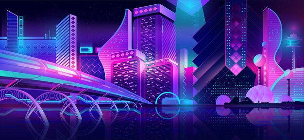 Kreskówka neon nocny krajobraz miasta przyszłości