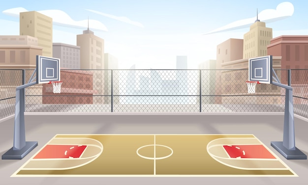 Bezpłatny wektor kreskówka odkryty boisko do koszykówki na tle ilustracji wektorowych domów miasta