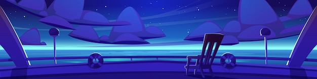 Bezpłatny wektor kreskówka pokład jachtu z nocnym widokiem na morze