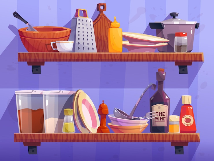 Bezpłatny plik Wektor kreskówka półka kuchenna na ścianie z naczyniami i słoikami z przyprawami ilustracja wektorowa ketchupu, musztardy, pieprzu, soli, butelek plastikowych pojemników z kawą i tarką do cukru, sztućce z desek
