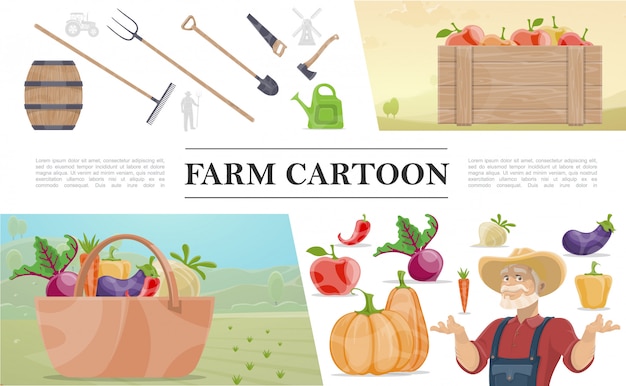 Bezpłatny wektor kreskówka rolnictwo kolorowa kompozycja z rolnika drewnianą beczką narzędzia pracy ręcznej skrzynia jabłek kosz warzyw