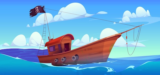 Bezpłatny wektor kreskówka statek piracki pływający po wodach morskich