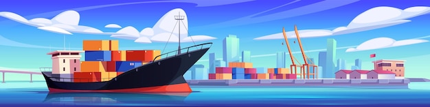 Bezpłatny wektor kreskówka statek towarowy w porcie morskim