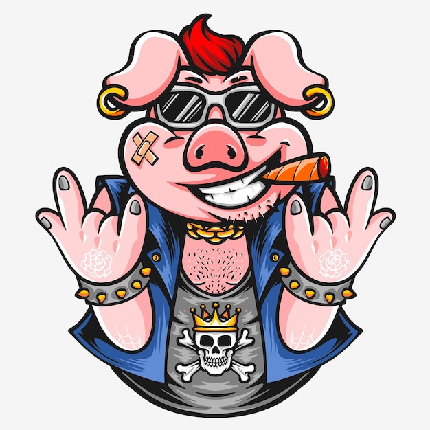 Bezpłatny wektor kreskówka świnia rocker ze złotym łańcuchem