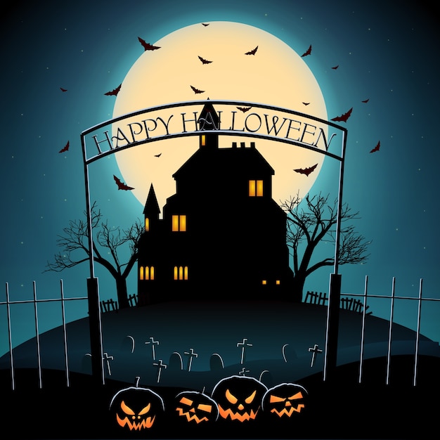 Kreskówka szablon nocy Halloween z nawiedzonymi drzewami zamkowymi latającymi nietoperzami przerażającymi dyniami