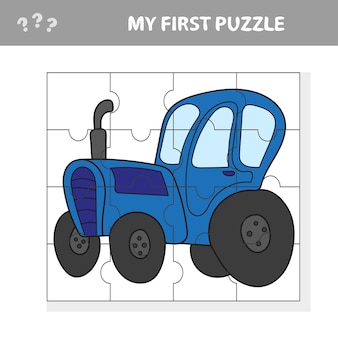 Kreskówka wektor ilustracja edukacji gra logiczna dla dzieci w wieku przedszkolnym z zabawną postacią maszyny ciągnika - moja pierwsza układanka