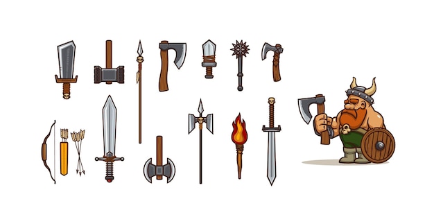 Bezpłatny wektor kreskówka wiking i różne rodzaje zestawu broni