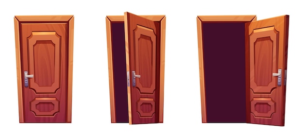 Bezpłatny wektor kreskówka zestaw otwartych zamkniętych klasycznych drewnianych drzwi