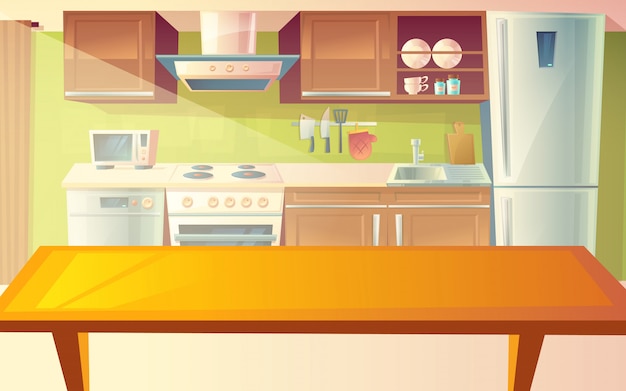 Bezpłatny wektor kreskówki ilustracja wygodna nowożytna kuchnia z obiadowym stołem i gospodarstw domowych urządzeniami