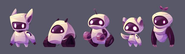 Kreskówkowy zestaw postaci robotów izolowanych na tle Ilustracja wektorowa futurystycznych cyborgów ai z kołami śledzi przewody, doprowadziły jasne oczy na ekranie twarzy i ramion Rozwój nowoczesnych technologii