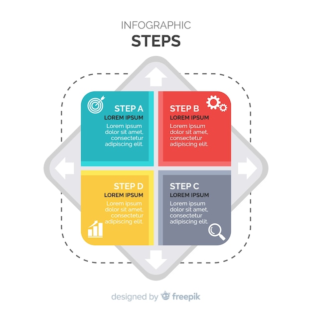 Bezpłatny wektor kroki infografiki płaskie kwadraty