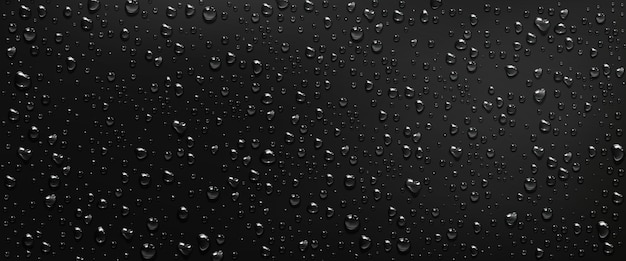 Bezpłatny wektor krople wody kondensacyjnej na tle czarnego okna. krople deszczu z odbiciem światła na ciemnej szklanej powierzchni. realistyczne 3d ilustracji wektorowych