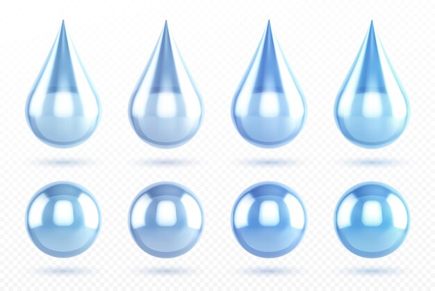 Bezpłatny wektor krople wody niebieski na przezroczystym tle. wektor realistyczny zestaw ikon kropli cieczy i sfer wodnych, czysty i czysty deszcz kapie i błyszcząca okrągła rosa