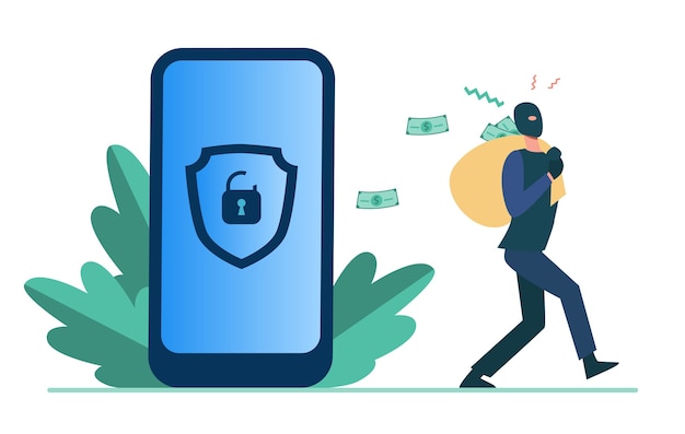 Kryminalne hakowanie danych osobowych i kradzież pieniędzy. Haker do przenoszenia torby z gotówką z płaskiej ilustracji odblokowania telefonu.
