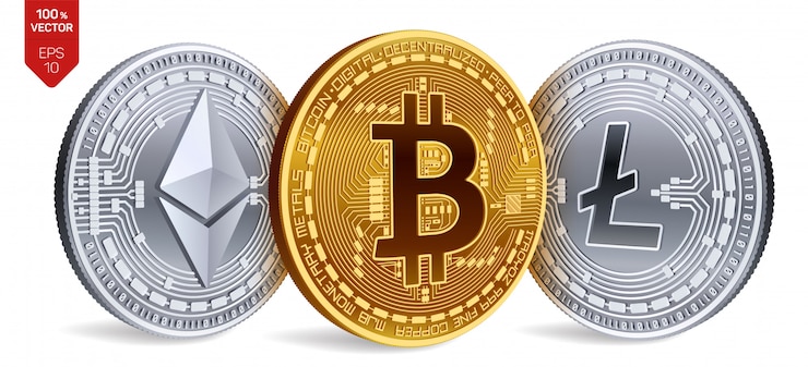Bezpłatny plik Wektor kryptowaluty złote i srebrne monety z bitcoin, litecoin i ethereum symbol na białym tle.