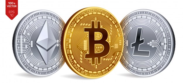 Kryptowaluty złote i srebrne monety z bitcoin, litecoin i ethereum symbol na białym tle.