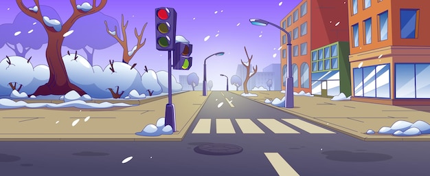 Bezpłatny wektor krzyżowanie ulic miejskich ze śniegiem zimą