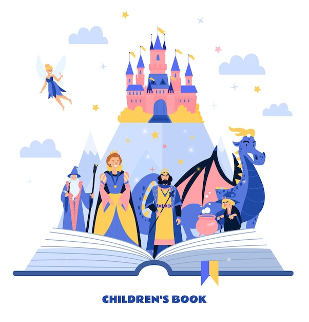 Bezpłatny wektor książka dla dzieci ilustracja z postaciami z bajek na średniowiecznym zamku