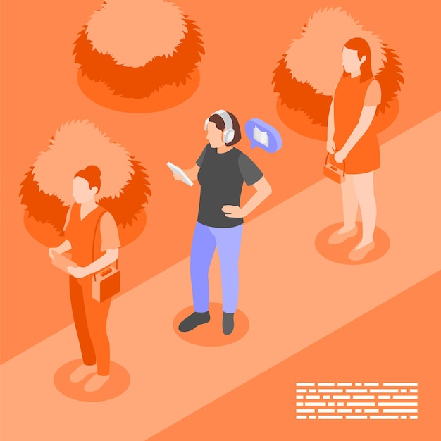 Bezpłatny wektor książki audio izometryczny skład tła z pomarańczowym widokiem dziewczyny na ulicy ze smartfonem w słuchawkach ilustracji wektorowych