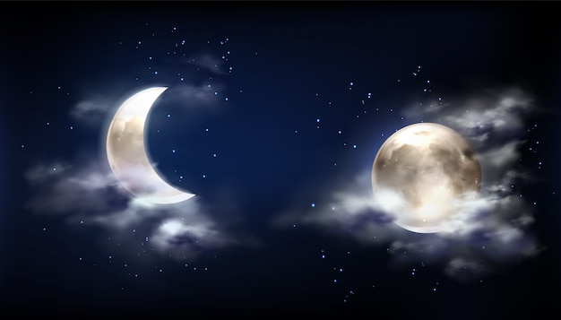 Księżyc w pełni i półksiężyc na nocnym niebie z chmurami