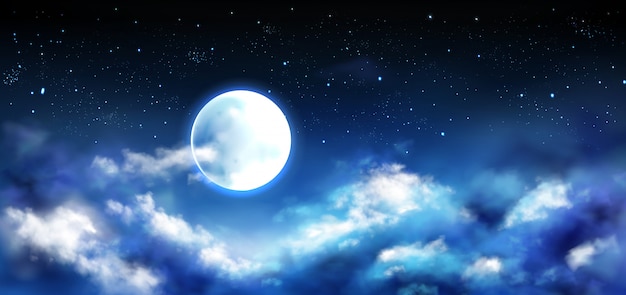 Księżyc w pełni na nocnym niebie ze scenami gwiazd i chmur