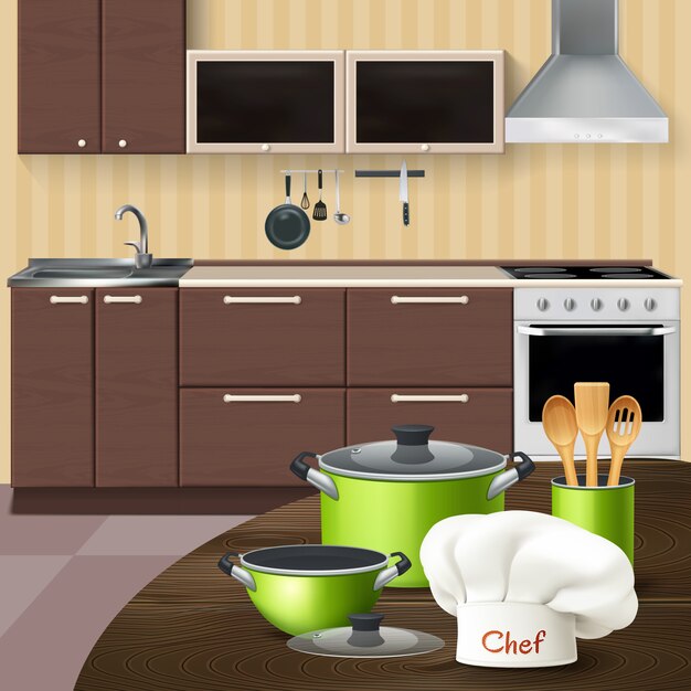 Kuchenny wnętrze z realistycznych zielonych cookware drewnianymi narzędziami i szefa kuchni kapeluszem na brązu stołu ilustraci