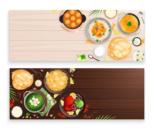Kuchnia indyjska zestaw dwóch poziomych banerów z płaskimi widokami z góry obrazami talerzy z ilustracją wektorową żywności