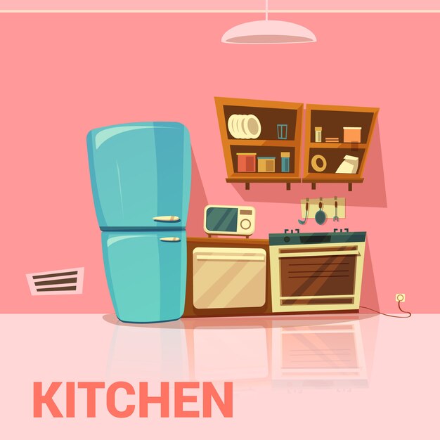 Kuchnia w stylu retro z lodówką kuchenka mikrofalowa i kreskówka kuchenka