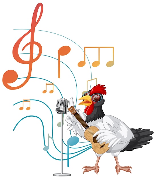 Bezpłatny wektor kurczak gra na gitarze i śpiewa z nutami na białym tle