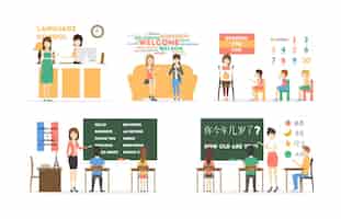 Bezpłatny wektor kurs językowy zestaw ilustracji na białym tle pokoje z nauczycielami i uczniami