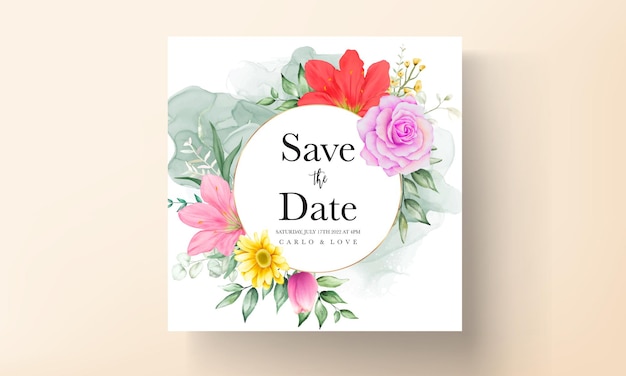 Kwiatowe zaproszenie na ślub z piękną kolorową akwarelą kwiatów