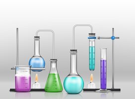 Bezpłatny wektor laboratoryjne szkło laboratoryjne wypełnione różnymi kolorowymi odczynnikami, kolby laboratoryjne połączone z probówkami