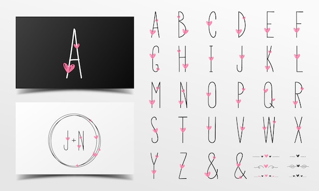 Bezpłatny wektor Ładny alfabet w odręcznym stylu ozdobiony różowym sercem.