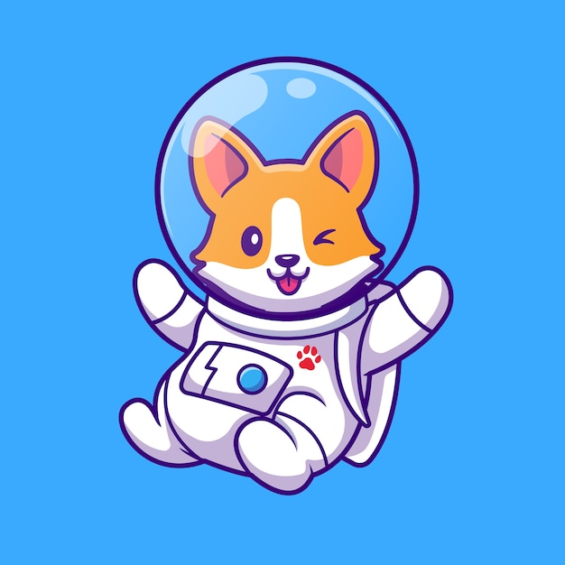 Ładny Astronauta Corgi Latający Kreskówka Wektor Ilustracja. Zootechnika Koncepcja Na Białym Tle Wektor. Płaski Styl Kreskówki