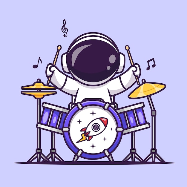 Ładny Astronauta Gra Na Bębnie Kreskówka Wektor Ikona Ilustracja Nauka Muzyka Ikona Koncepcja Na Białym Tle
