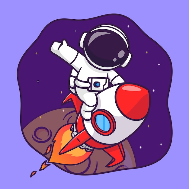 Bezpłatny wektor Ładny astronauta jedzie rakietą w kosmos i macha ręką kreskówka wektor ikona ilustracja nauka technik
