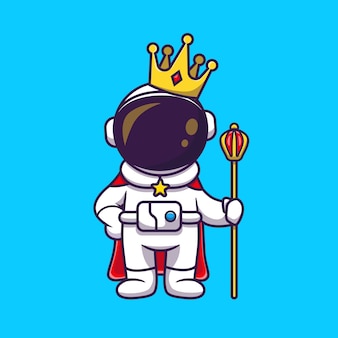 Ładny astronauta król z koroną ikona ilustracja kreskówka. nauka technologii ikona koncepcja na białym tle. płaski styl kreskówki