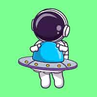 Bezpłatny wektor Ładny astronauta latający z ufo obcych kreskówka wektor ikona ilustracja nauka technologia na białym tle