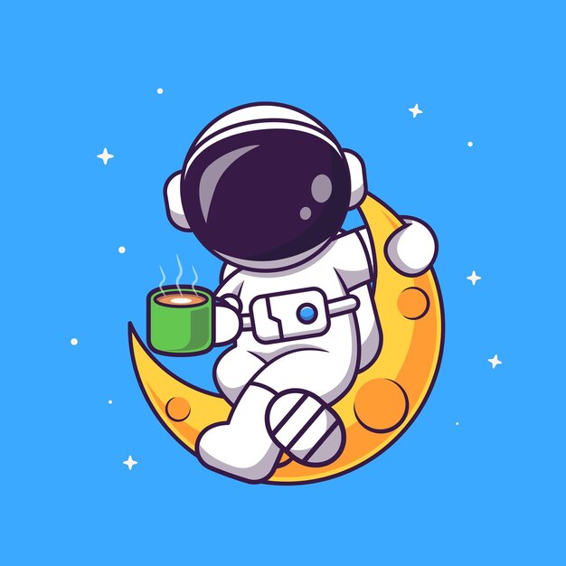 Ładny astronauta pić kawę na księżycu kreskówka wektor ikona ilustracja nauka napój na białym tle