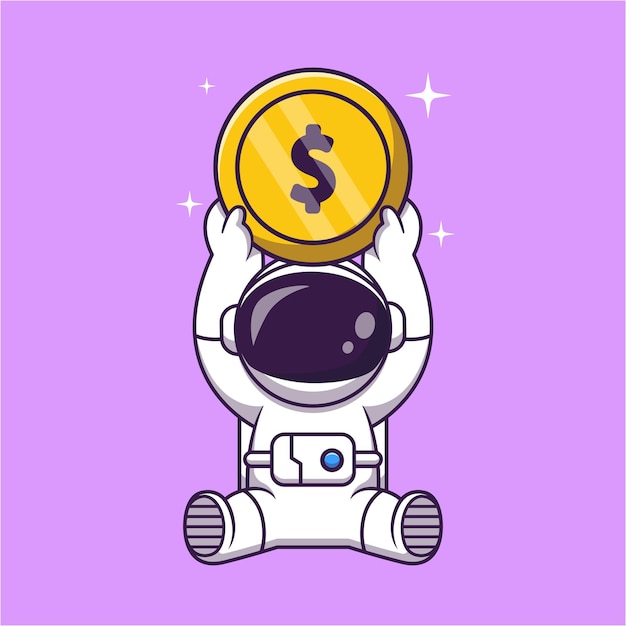 Ładny Astronauta Podnoszący Złotą Monetę Kreskówka Wektor Ikona Ilustracja Nauka Finanse Ikona Izolowana
