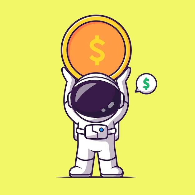 Bezpłatny wektor Ładny astronauta podnoszenia złota moneta pieniądze kreskówka wektor ikona ilustracja nauka finanse na białym tle