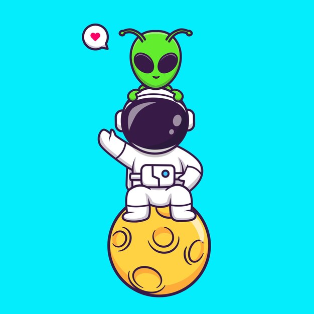 Ładny astronauta siedzi na księżycu z obcym kreskówka wektor ikona ilustracja nauka technologia ikona