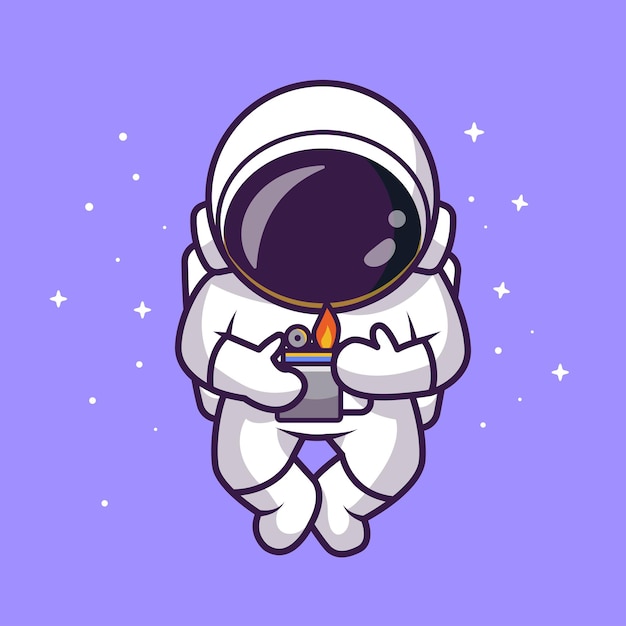 Ładny Astronauta Trzymający Zapalniczkę Gazową W Kosmosie Kreskówka Wektor Ikona Ilustracja. Technologia Naukowa